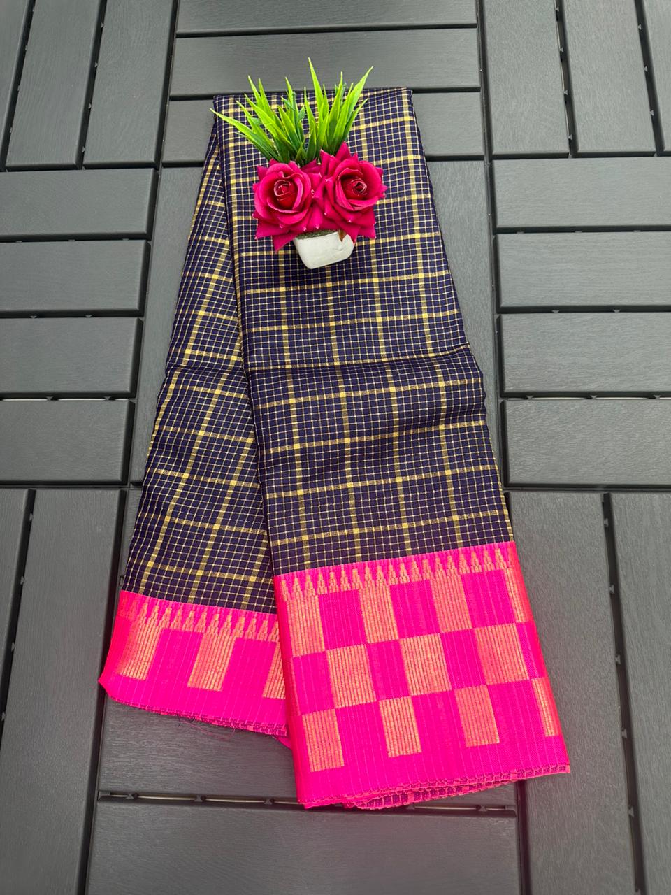 Aab Checks Pattern Printed Kanchipuram Silk Sarees